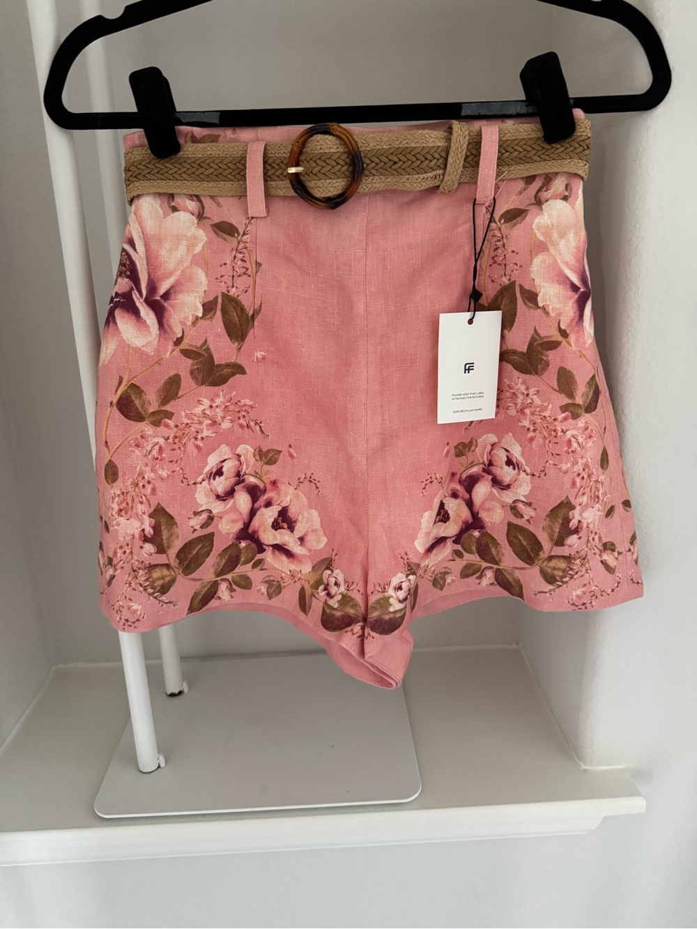 Zimmermann Pink Floral High-Waist Linen-Blend Shorts with Woven Belt